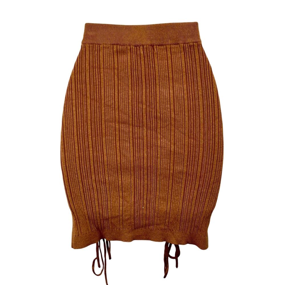 NBD Carden Laced Knit Mini Skirt Camel Brown Ribbed Side Tie Revolve M NWT - Picture 3 of 13